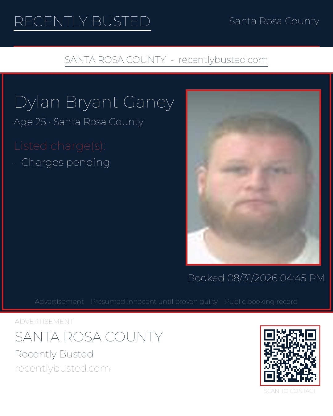 Dylan Bryant Ganey — arrest record card, Santa Rosa County, Florida