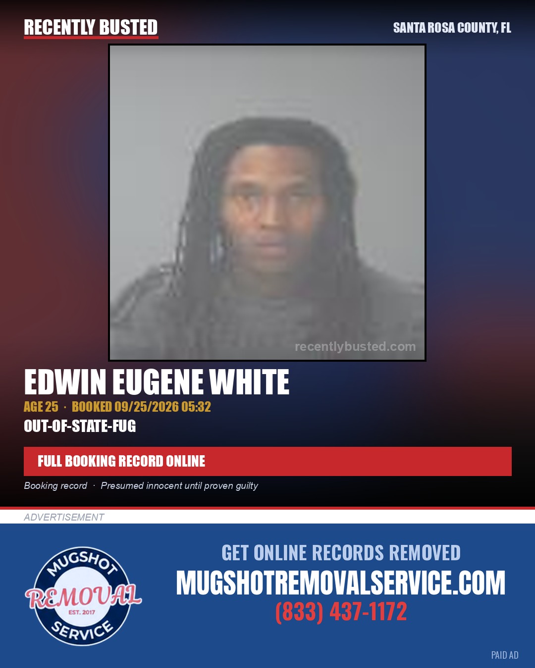 Edwin Eugene White — arrest record card, Santa Rosa County, Florida