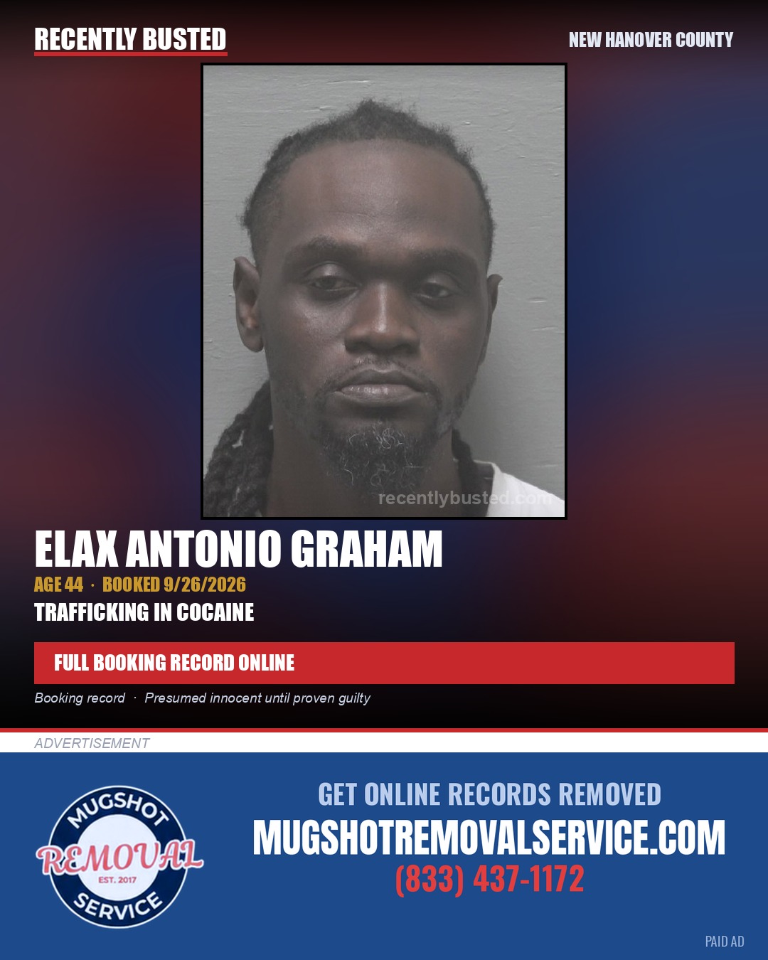 ELAX ANTONIO GRAHAM — arrest record card, New Hanover County