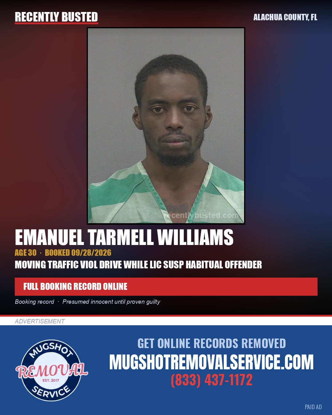 Emanuel Tarmell Williams — arrest record card, Alachua County, Florida