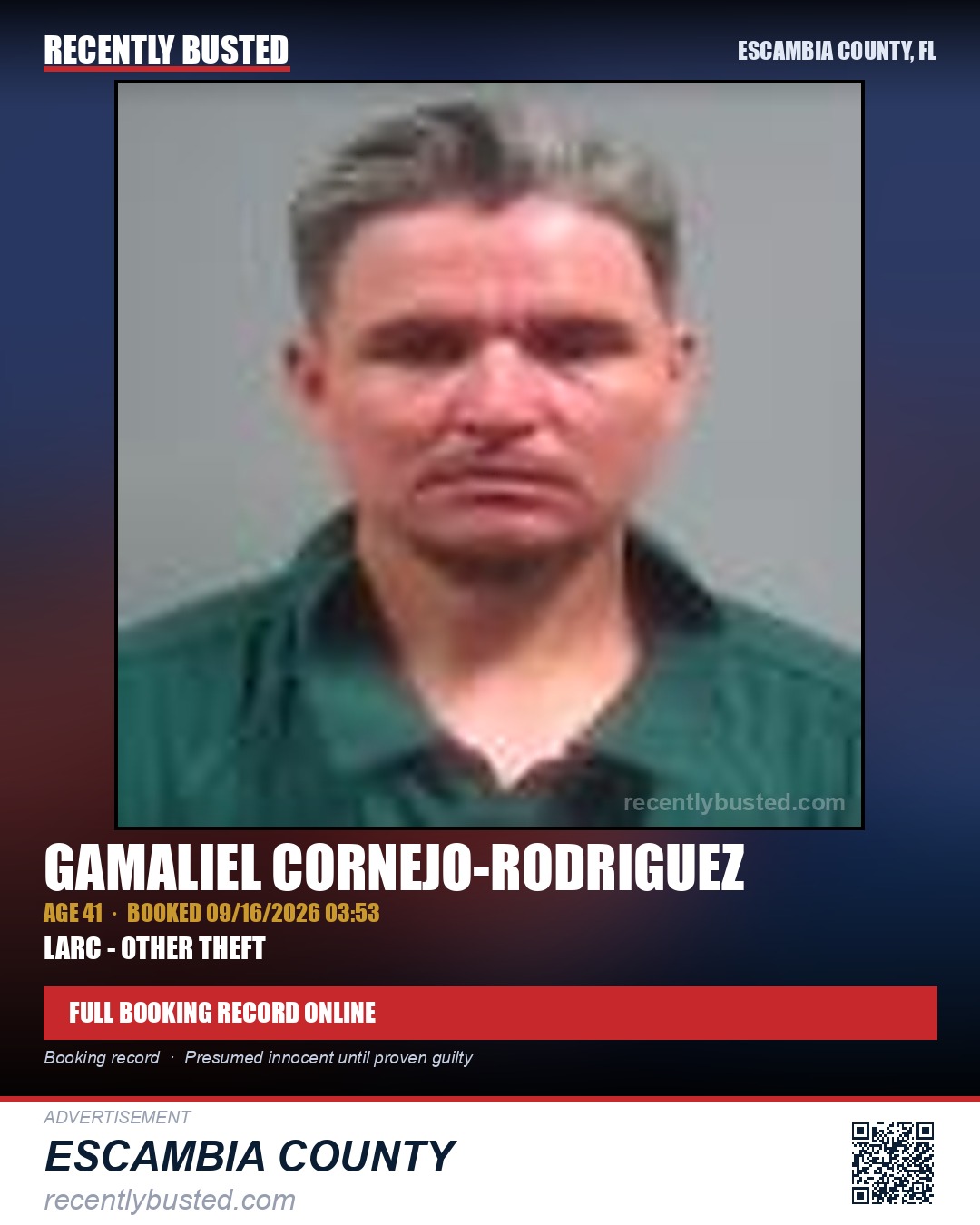 Gamaliel Cornejo-Rodriguez — arrest record card, Escambia County, Florida