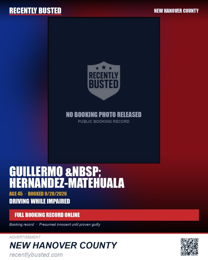 GUILLERMO HERNANDEZ-MATEHUALA — arrest record card, New Hanover County