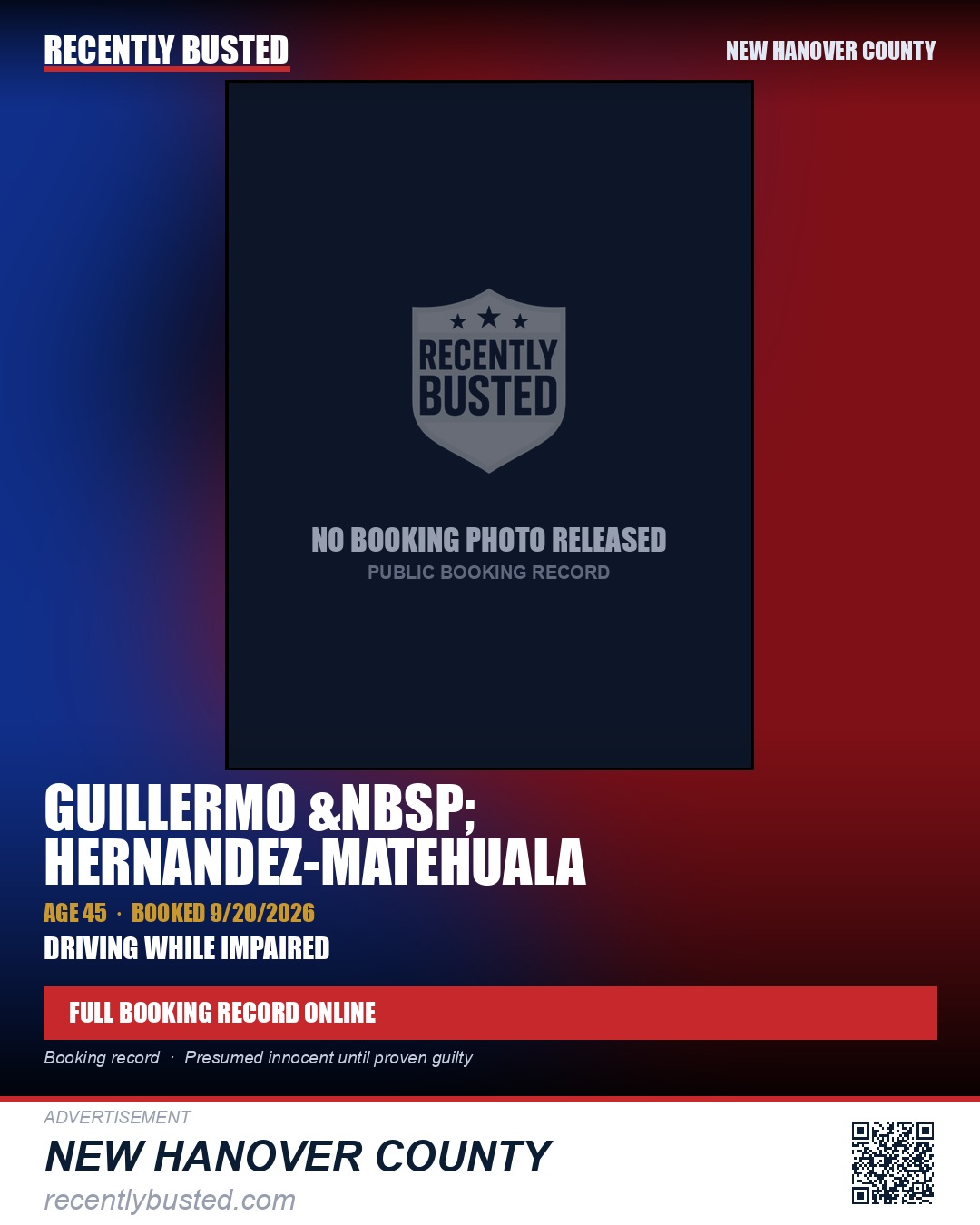 GUILLERMO HERNANDEZ-MATEHUALA — arrest record card, New Hanover County