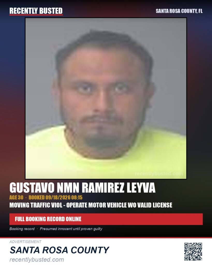 Gustavo Nmn Ramirez Leyva — arrest record card, Santa Rosa County, Florida