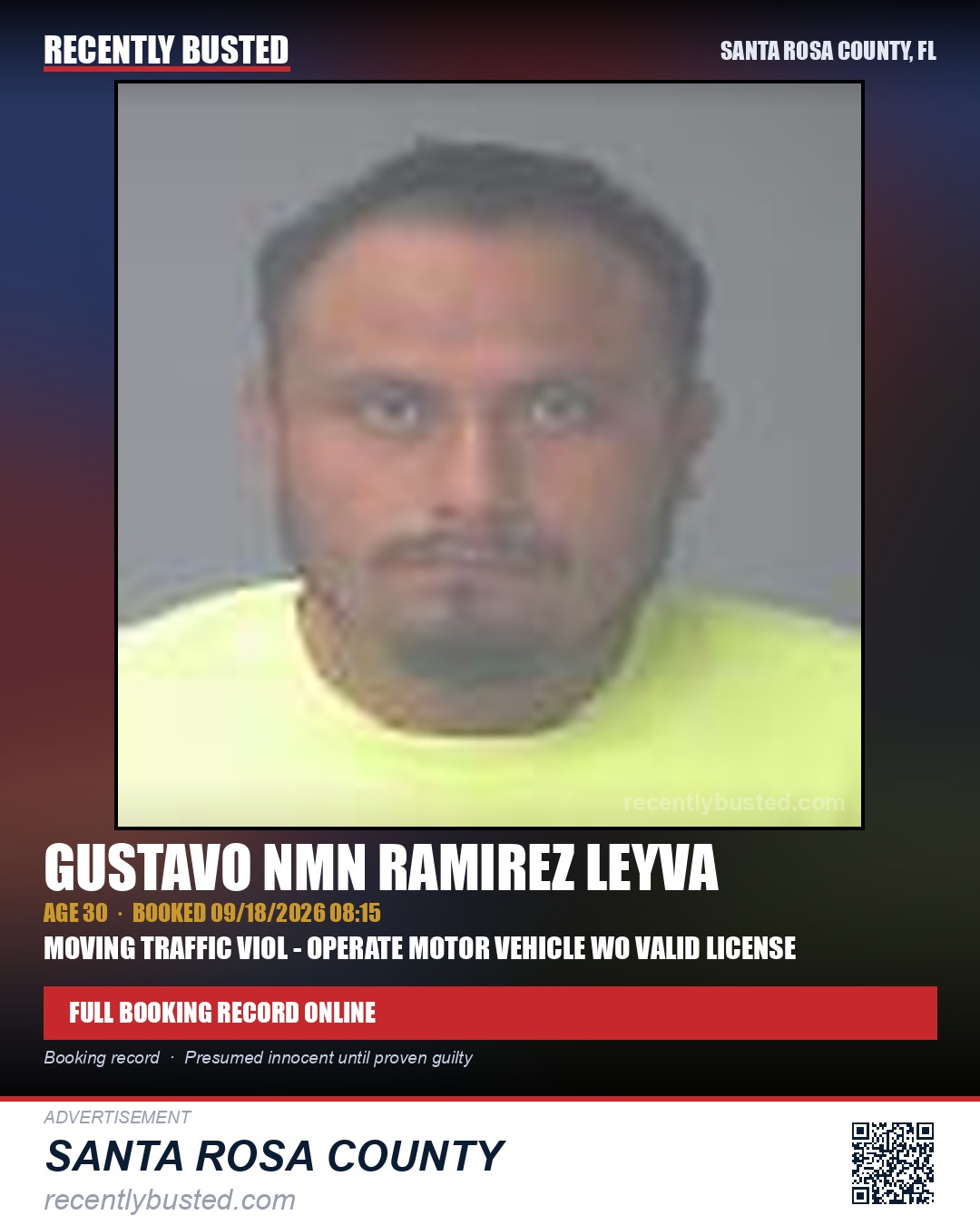 Gustavo Nmn Ramirez Leyva — arrest record card, Santa Rosa County, Florida