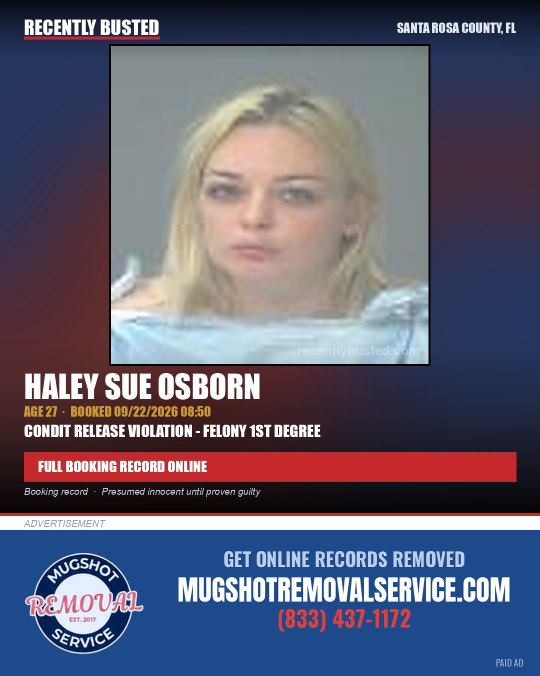 Haley Sue Osborn — arrest record card, Santa Rosa County, Florida