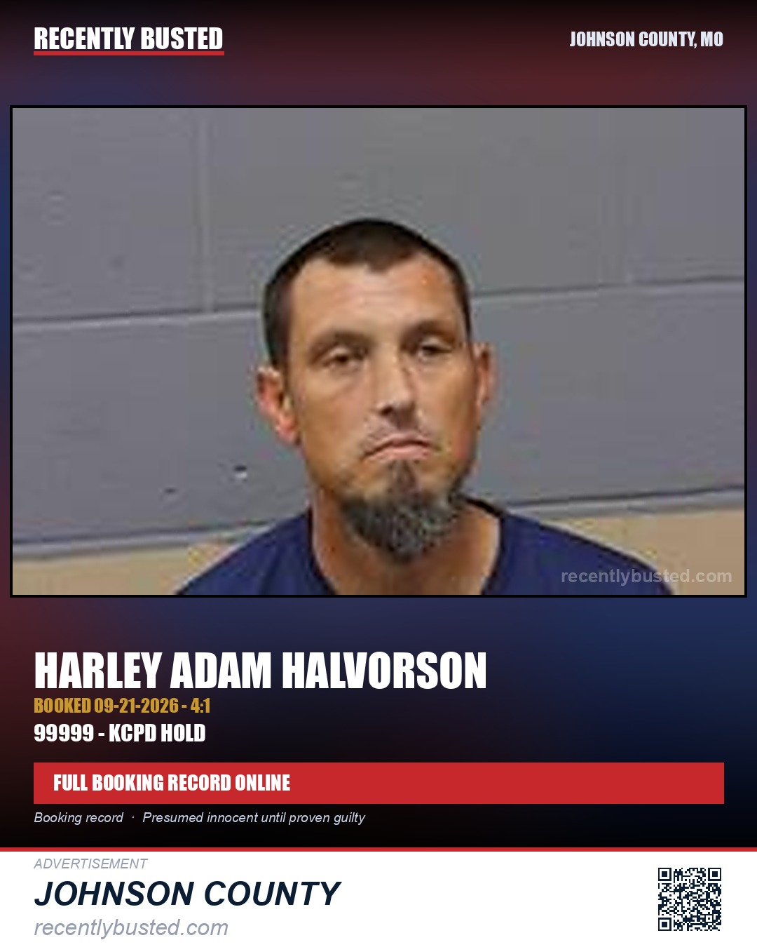 HALVORSON, HARLEY ADAM — arrest record card, Johnson County, Missouri