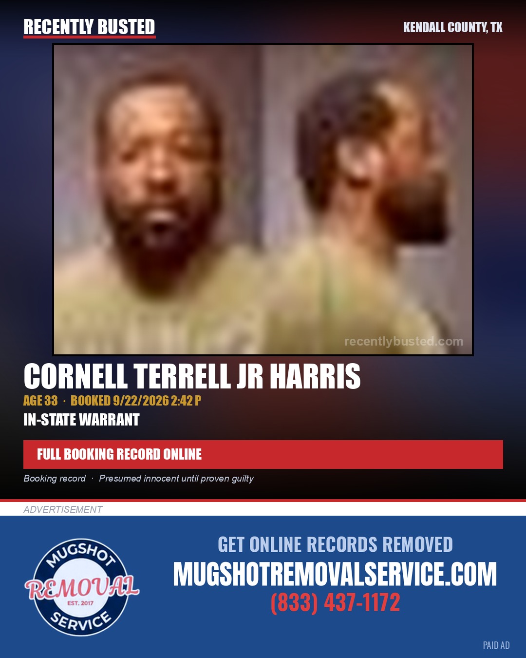 HARRIS, CORNELL TERRELL JR — arrest record card, Kendall County, Illinois
