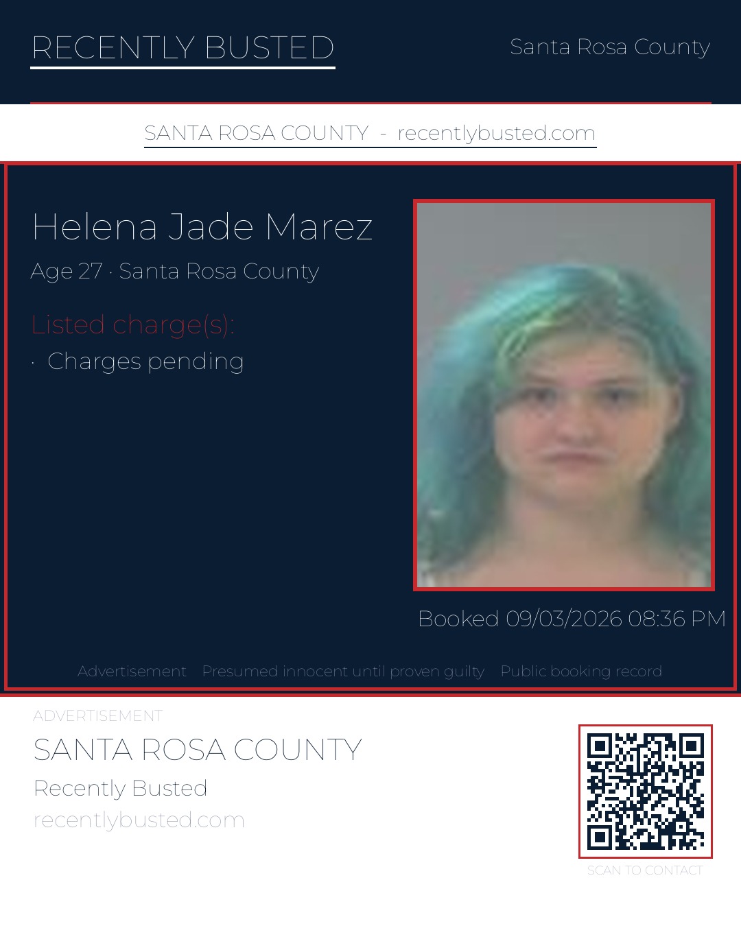 Helena Jade Marez — arrest record card, Santa Rosa County, Florida