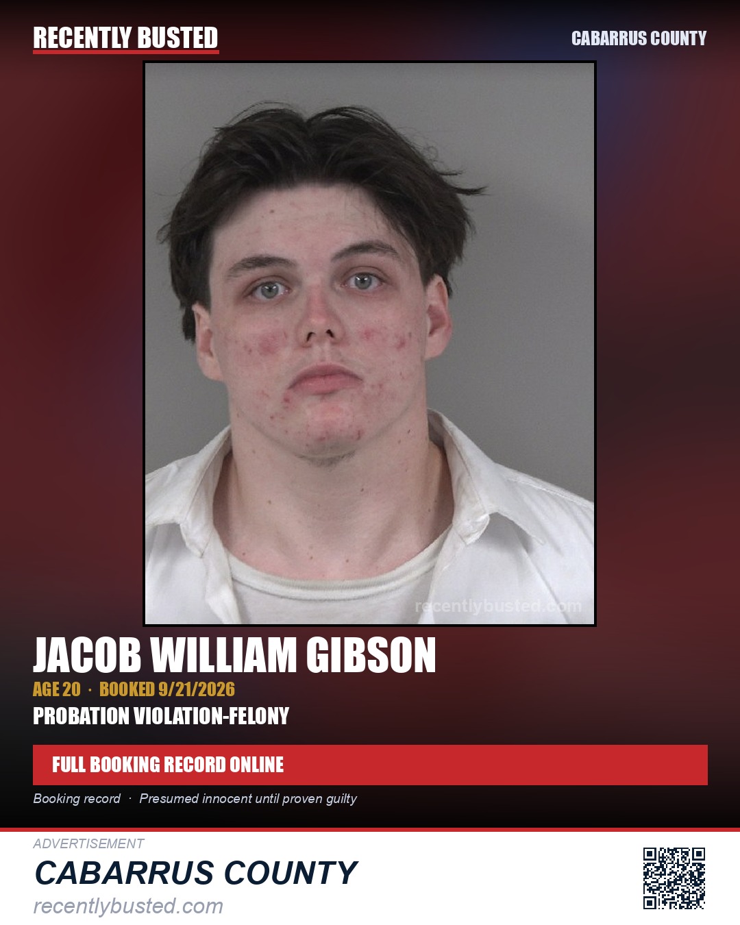 JACOB WILLIAM GIBSON — arrest record card, Cabarrus County