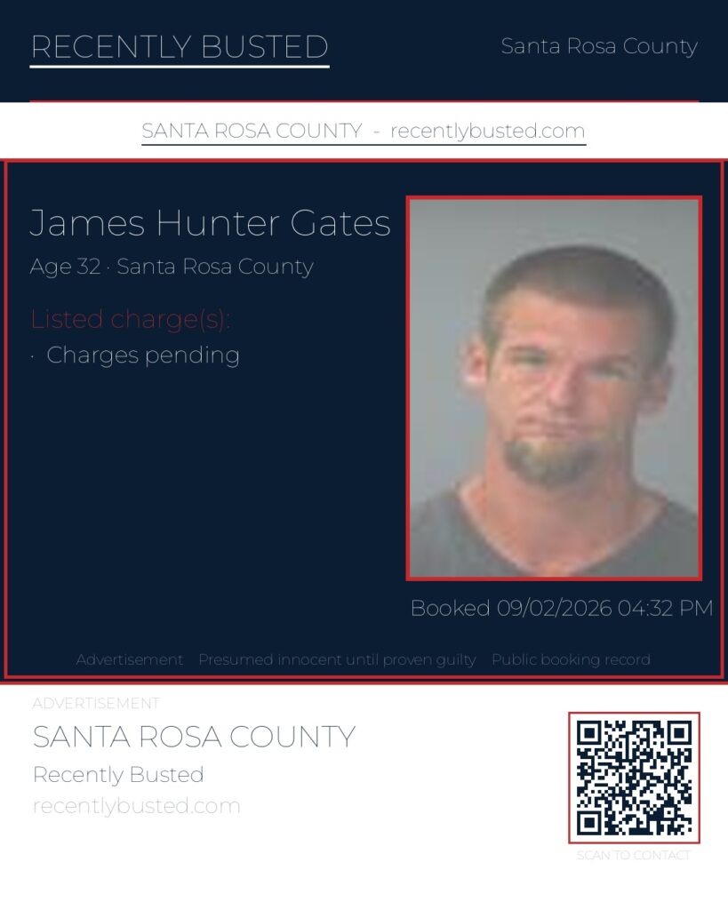 James Hunter Gates — arrest record card, Santa Rosa County, Florida