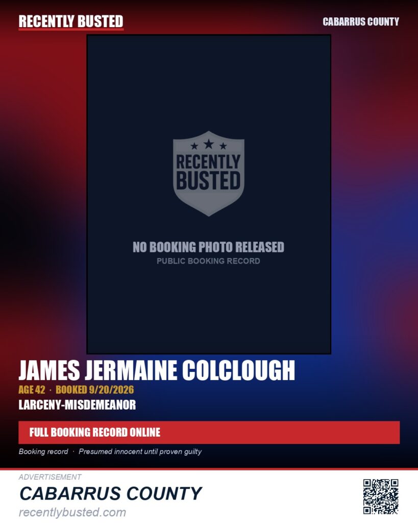 JAMES JERMAINE COLCLOUGH — arrest record card, Cabarrus County
