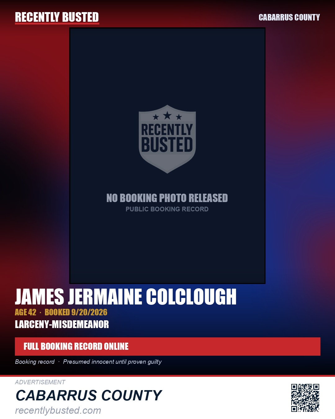 JAMES JERMAINE COLCLOUGH — arrest record card, Cabarrus County