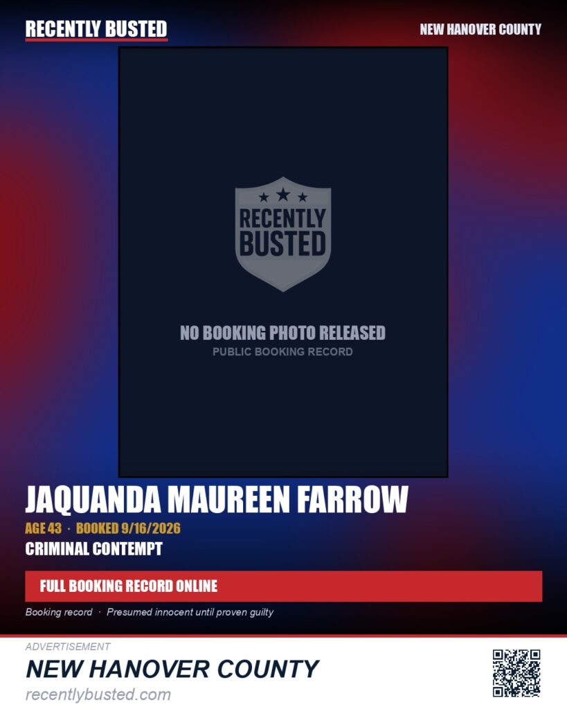 JAQUANDA MAUREEN FARROW — arrest record card, New Hanover County