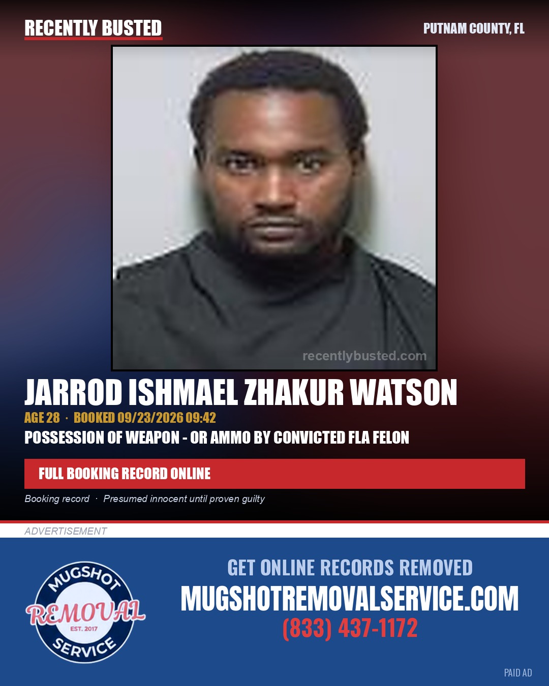 Jarrod Ishmael Zhakur Watson — arrest record card, Putnam County, Florida