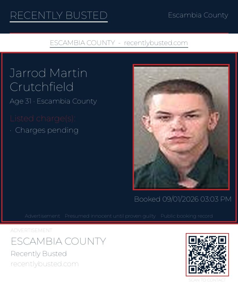 Jarrod Martin Crutchfield — arrest record card, Escambia County, Florida