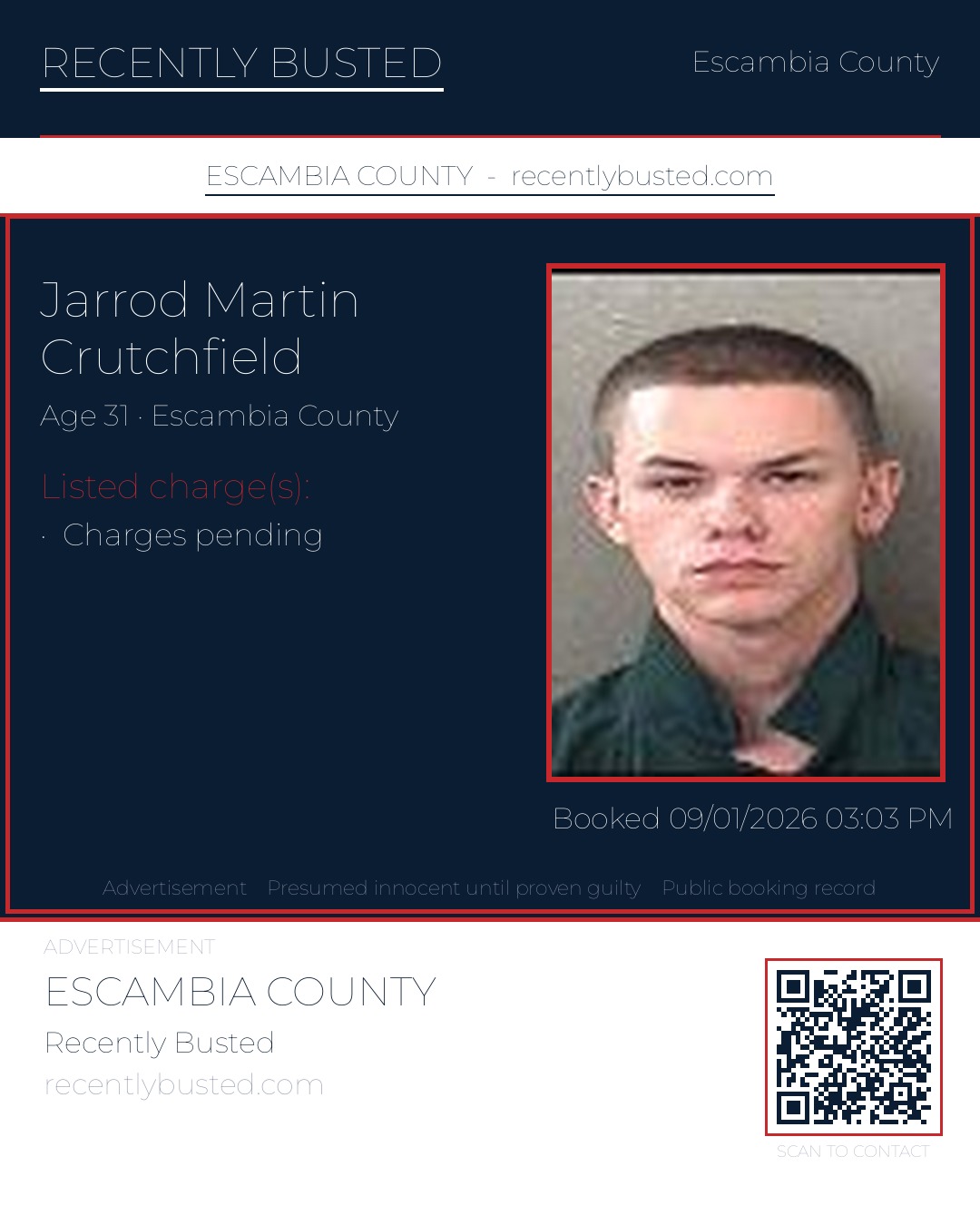 Jarrod Martin Crutchfield — arrest record card, Escambia County, Florida