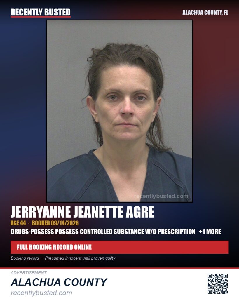 Jerryanne Jeanette Agre — arrest record card, Alachua County, Florida