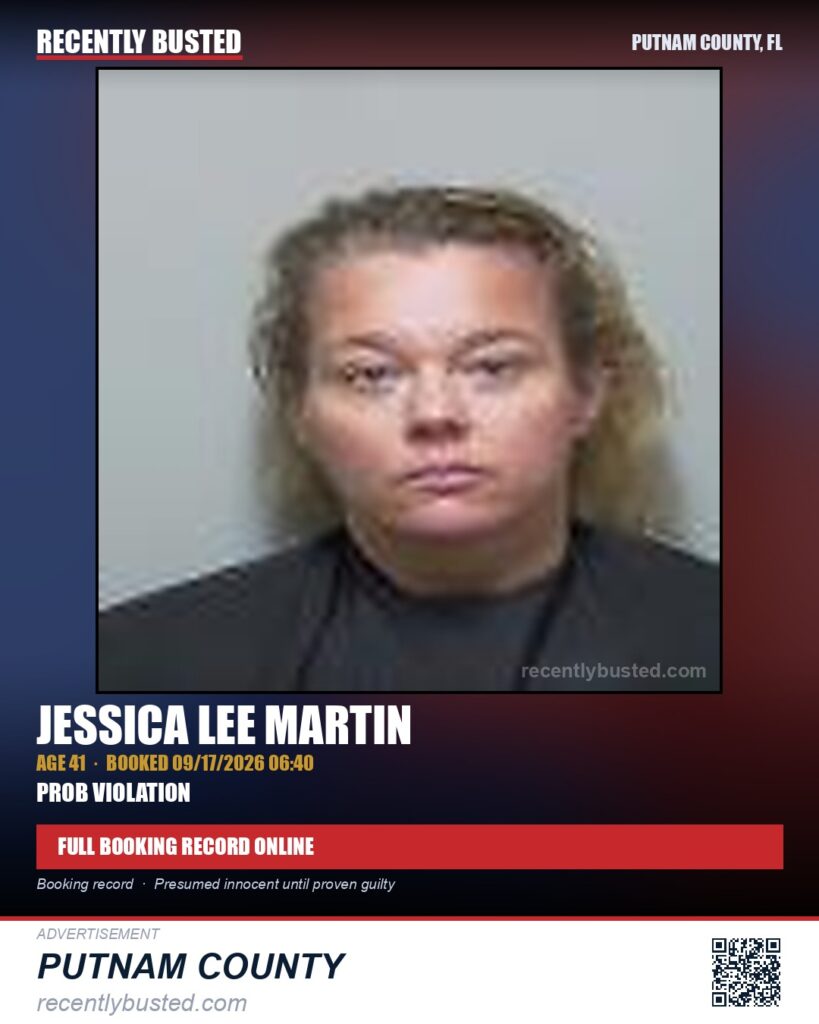 Jessica Lee Martin — arrest record card, Putnam County, Florida