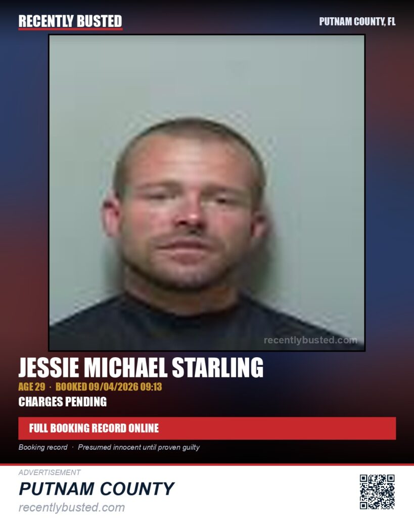 Jessie Michael Starling — arrest record card, Putnam County, Florida