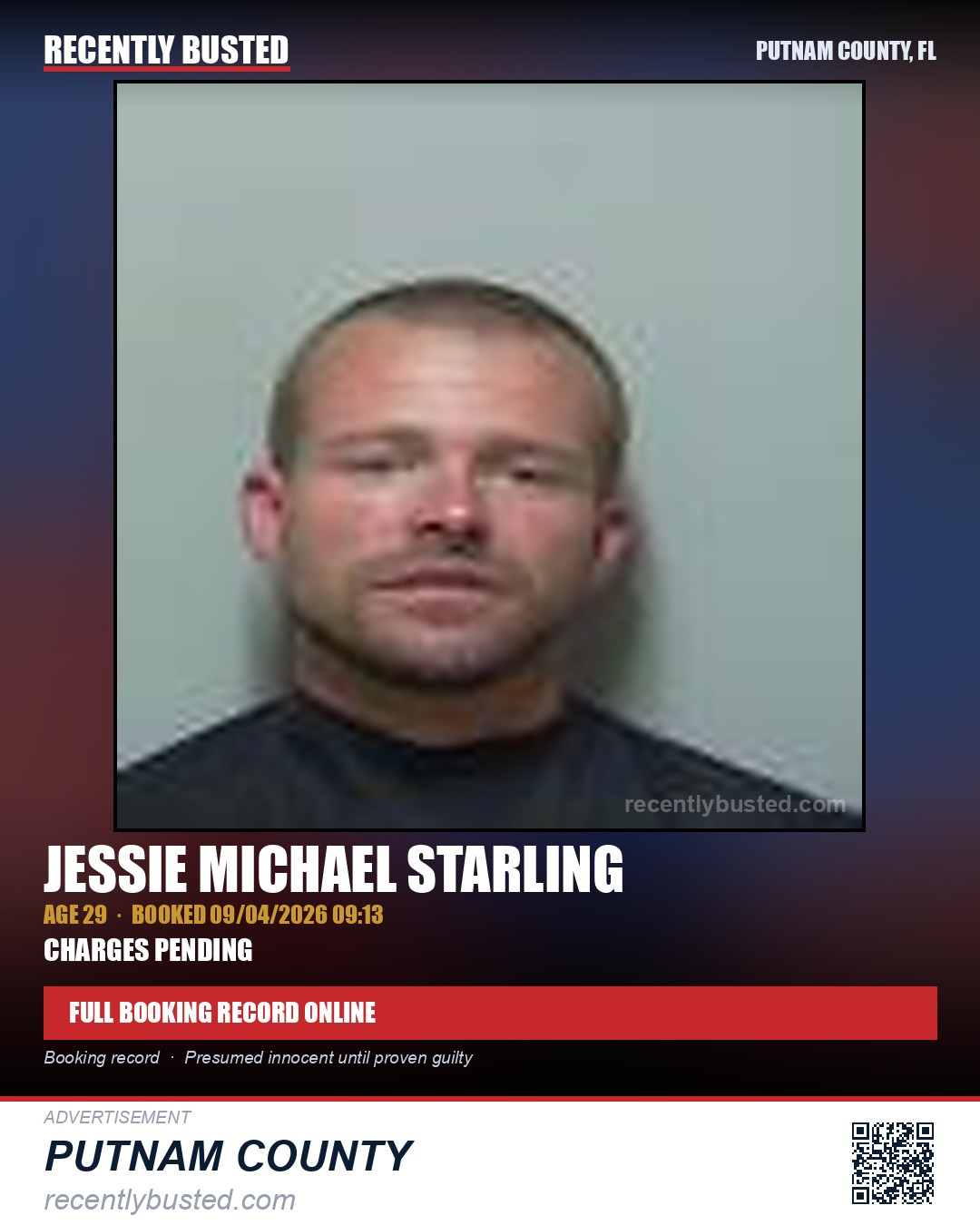 Jessie Michael Starling — arrest record card, Putnam County, Florida