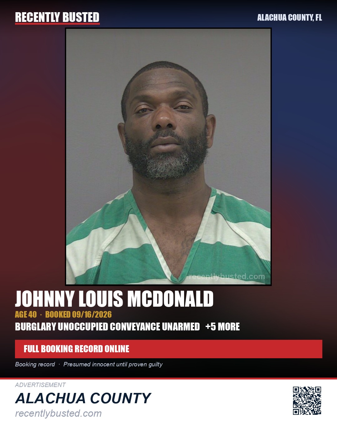 Johnny Louis Mcdonald — arrest record card, Alachua County, Florida