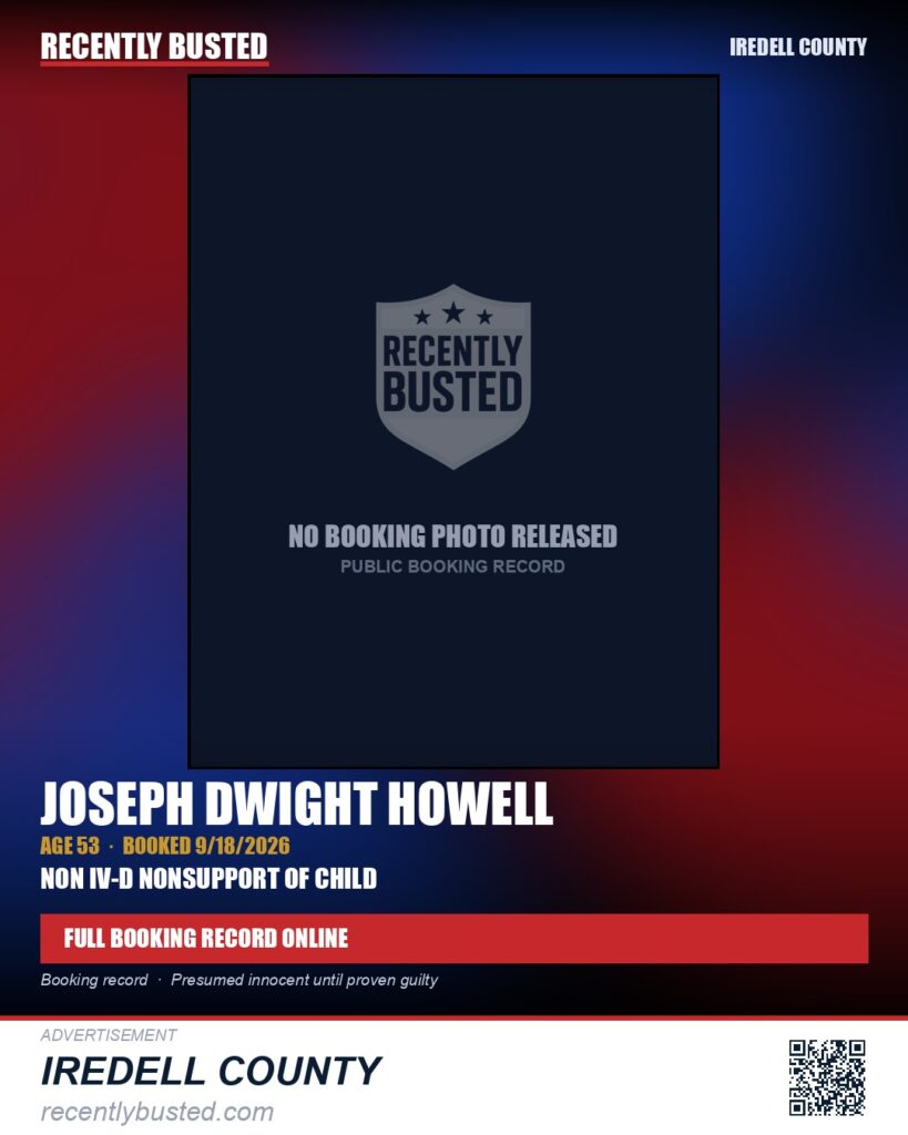 JOSEPH DWIGHT HOWELL — arrest record card, Iredell County