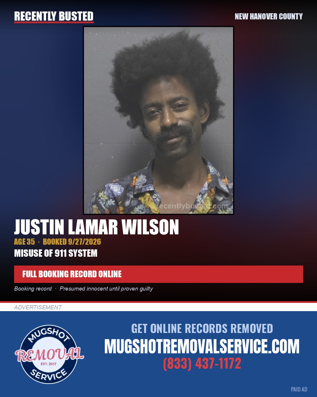 JUSTIN LAMAR WILSON — arrest record card, New Hanover County