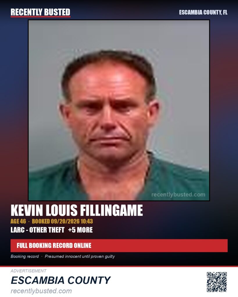 Kevin Louis Fillingame — arrest record card, Escambia County, Florida