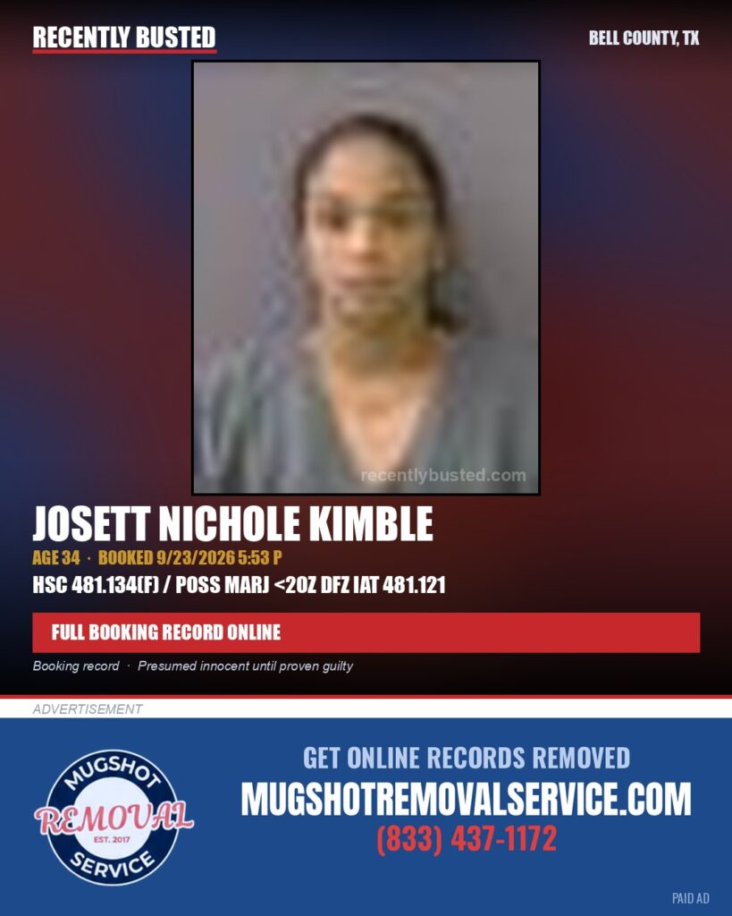 KIMBLE, JOSETT NICHOLE — arrest record card, Bell County, Texas