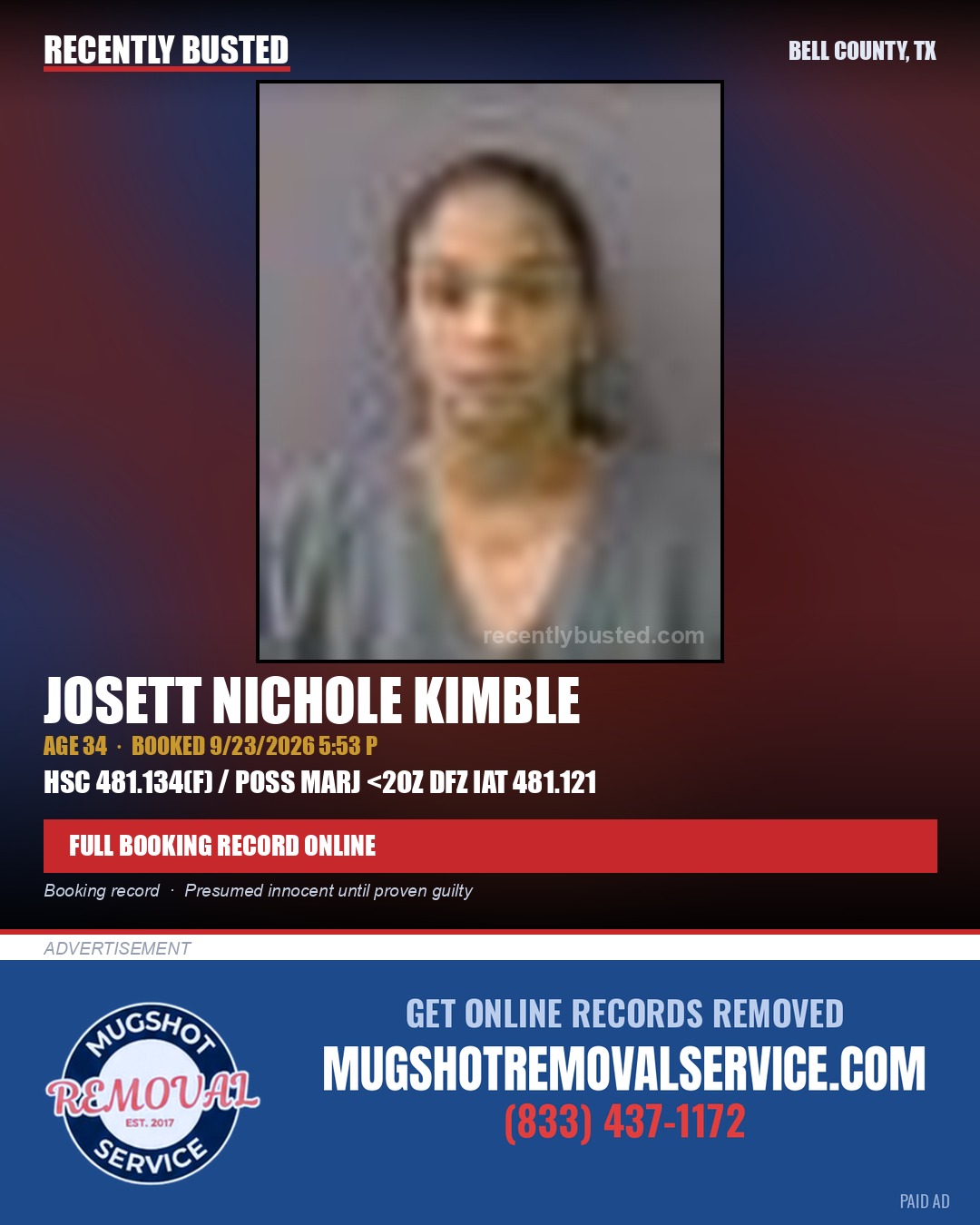KIMBLE, JOSETT NICHOLE — arrest record card, Bell County, Texas