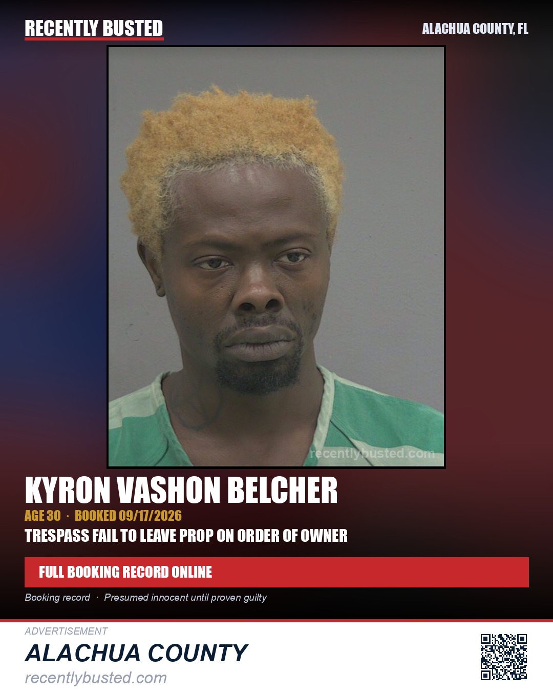 Kyron Vashon Belcher — arrest record card, Alachua County, Florida