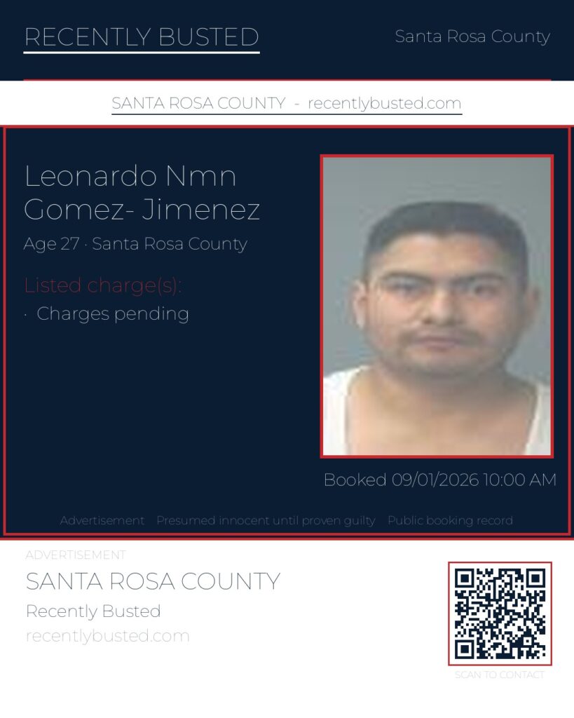 Leonardo Nmn Gomez- Jimenez — arrest record card, Santa Rosa County, Florida