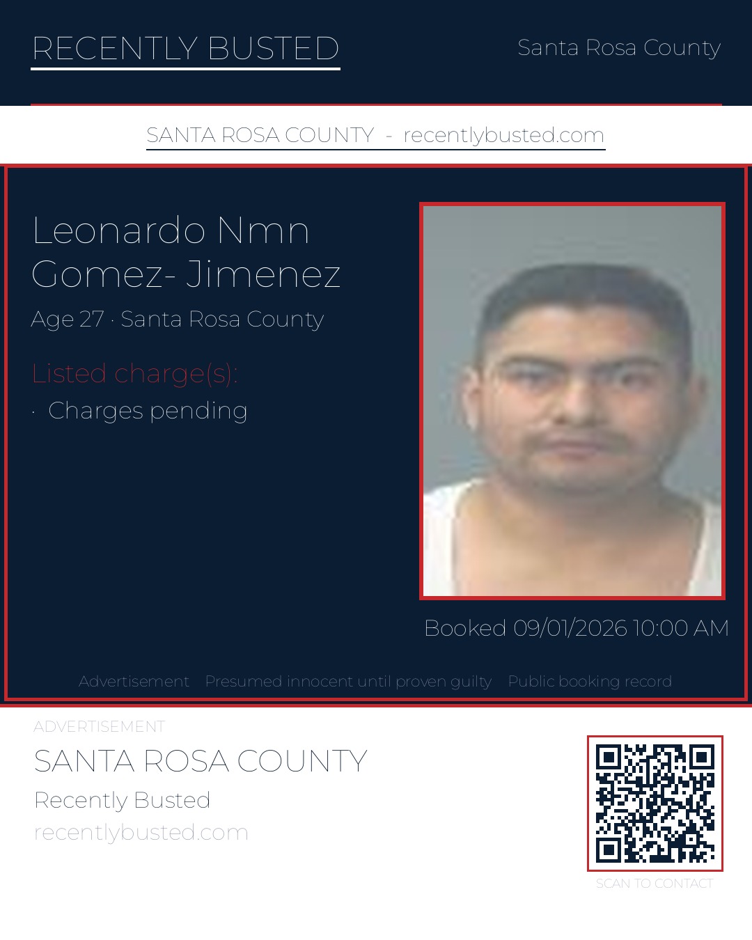Leonardo Nmn Gomez- Jimenez — arrest record card, Santa Rosa County, Florida