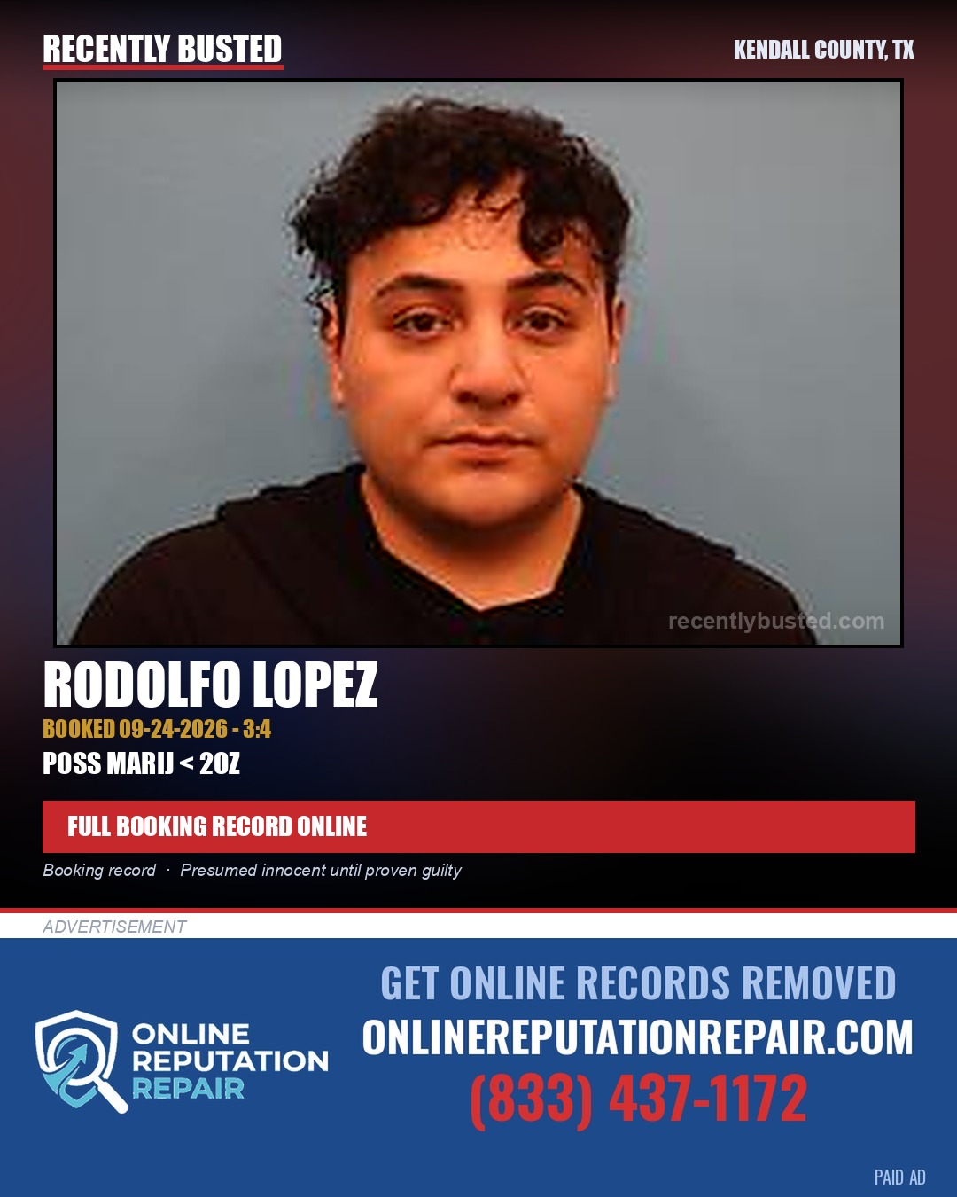 Lopez, Rodolfo — arrest record card, Kendall County, Texas