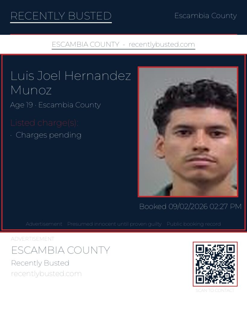 Luis Joel Hernandez Munoz — arrest record card, Escambia County, Florida
