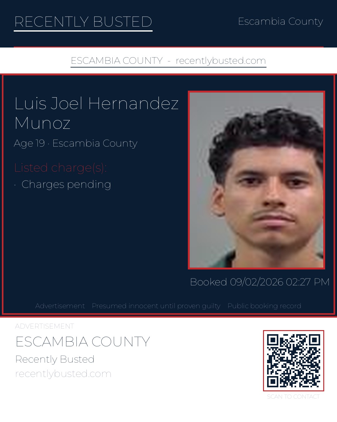 Luis Joel Hernandez Munoz — arrest record card, Escambia County, Florida