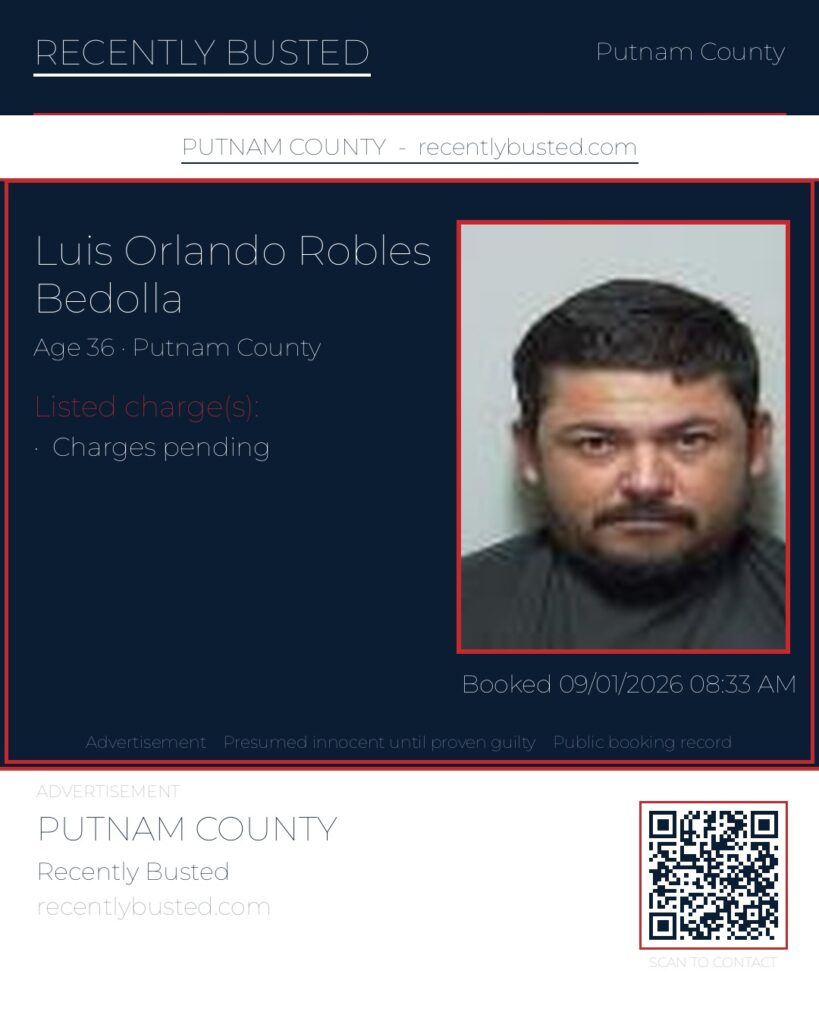 Luis Orlando Robles Bedolla — arrest record card, Putnam County, Florida