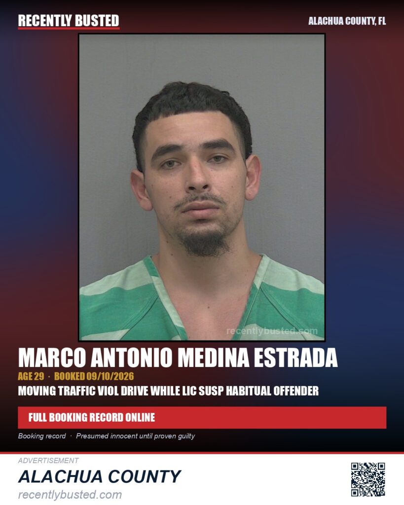 Marco Antonio Medina Estrada — arrest record card, Alachua County, Florida