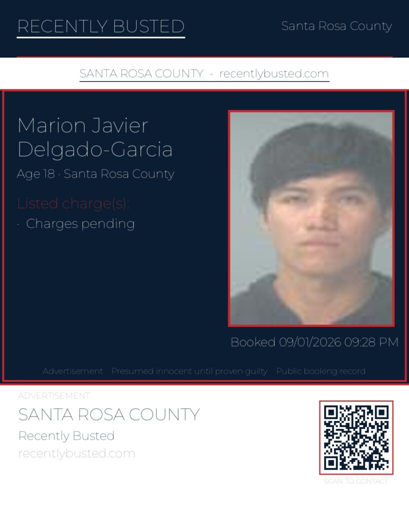 Marion Javier Delgado-Garcia — arrest record card, Santa Rosa County, Florida