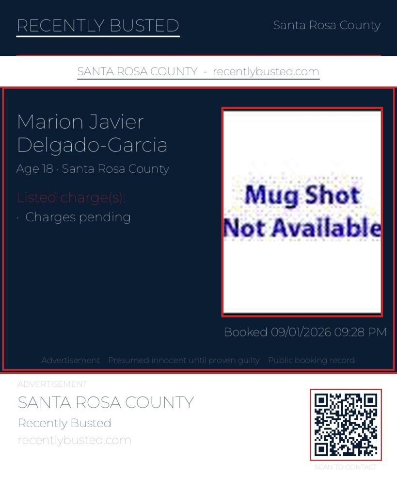 Marion Javier Delgado-Garcia — arrest record card, Santa Rosa County, Florida