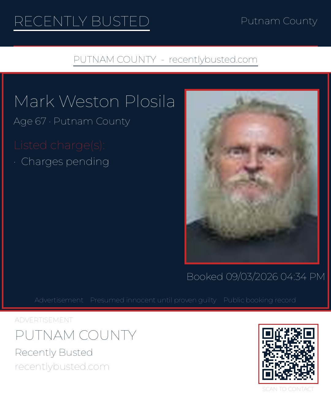 Mark Weston Plosila — arrest record card, Putnam County, Florida