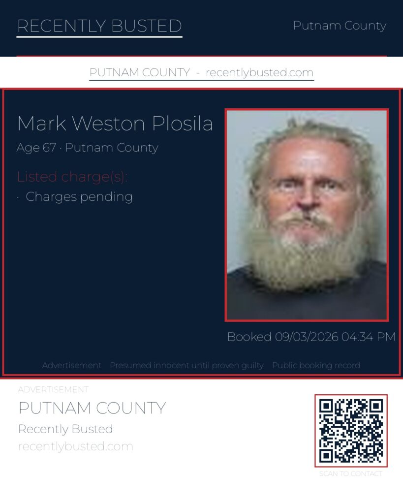 Mark Weston Plosila — arrest record card, Putnam County, Florida