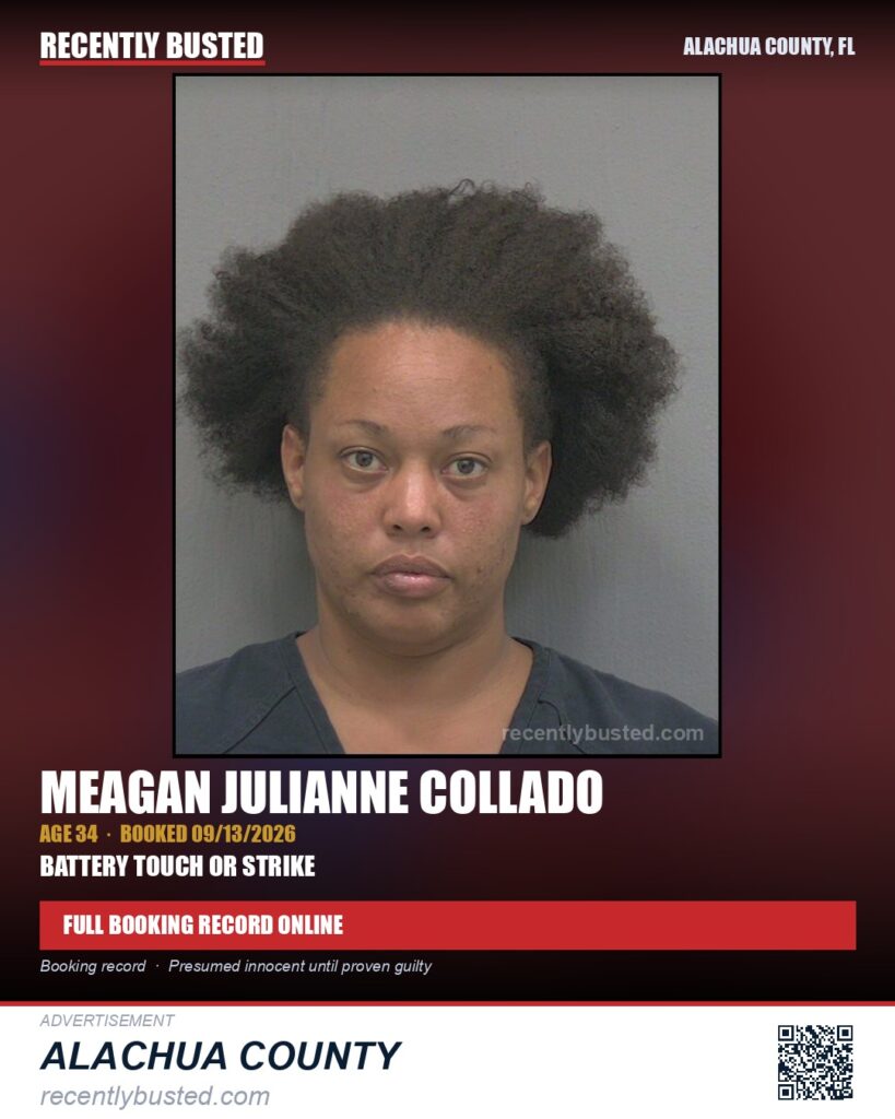 Meagan Julianne Collado — arrest record card, Alachua County, Florida