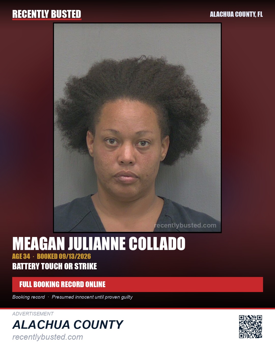 Meagan Julianne Collado — arrest record card, Alachua County, Florida
