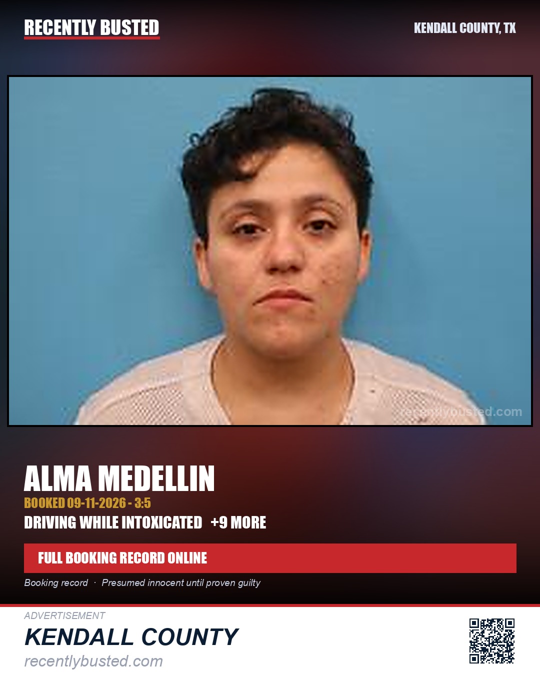 Medellin, Alma — arrest record card, Kendall County, Texas