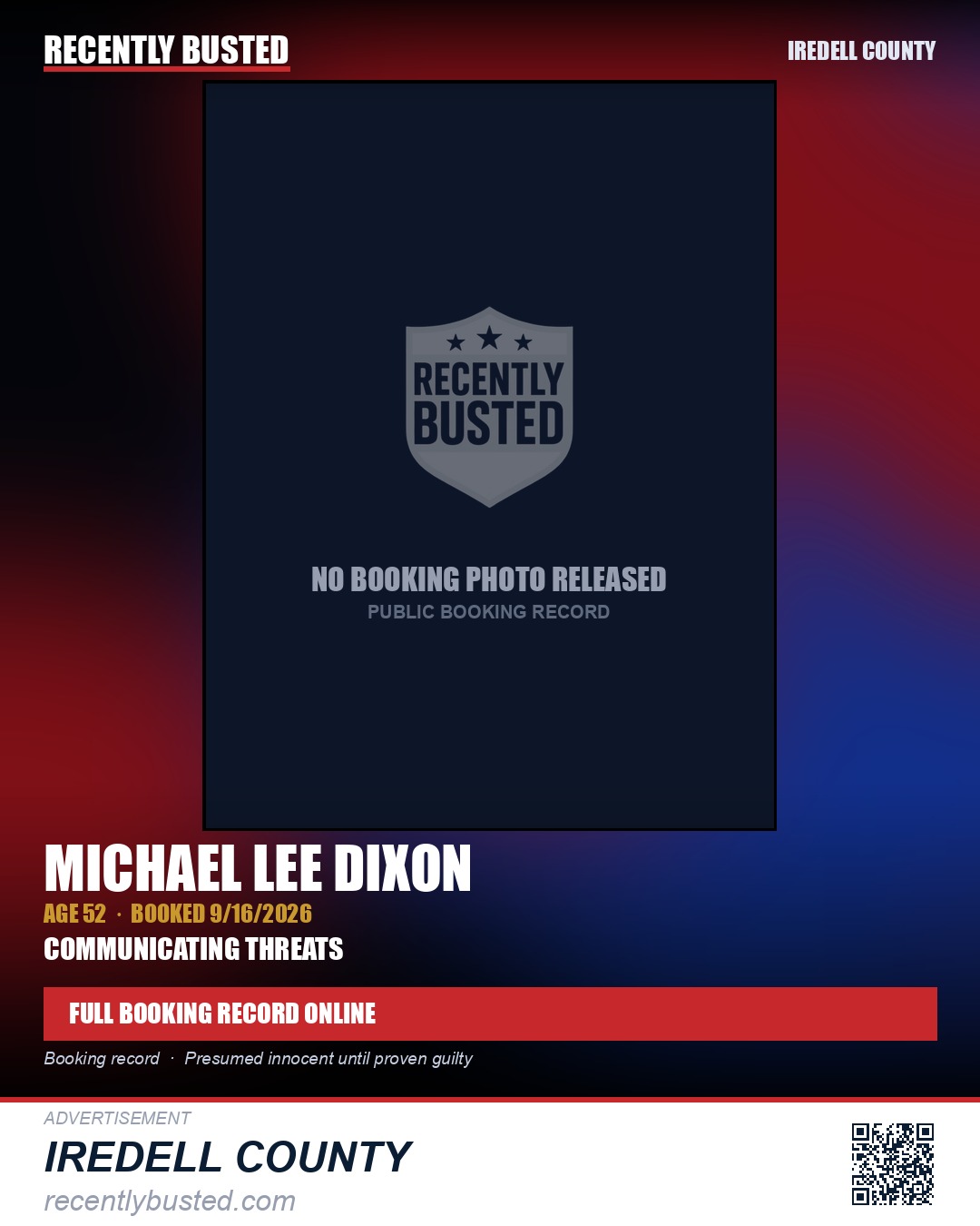 MICHAEL LEE DIXON — arrest record card, Iredell County