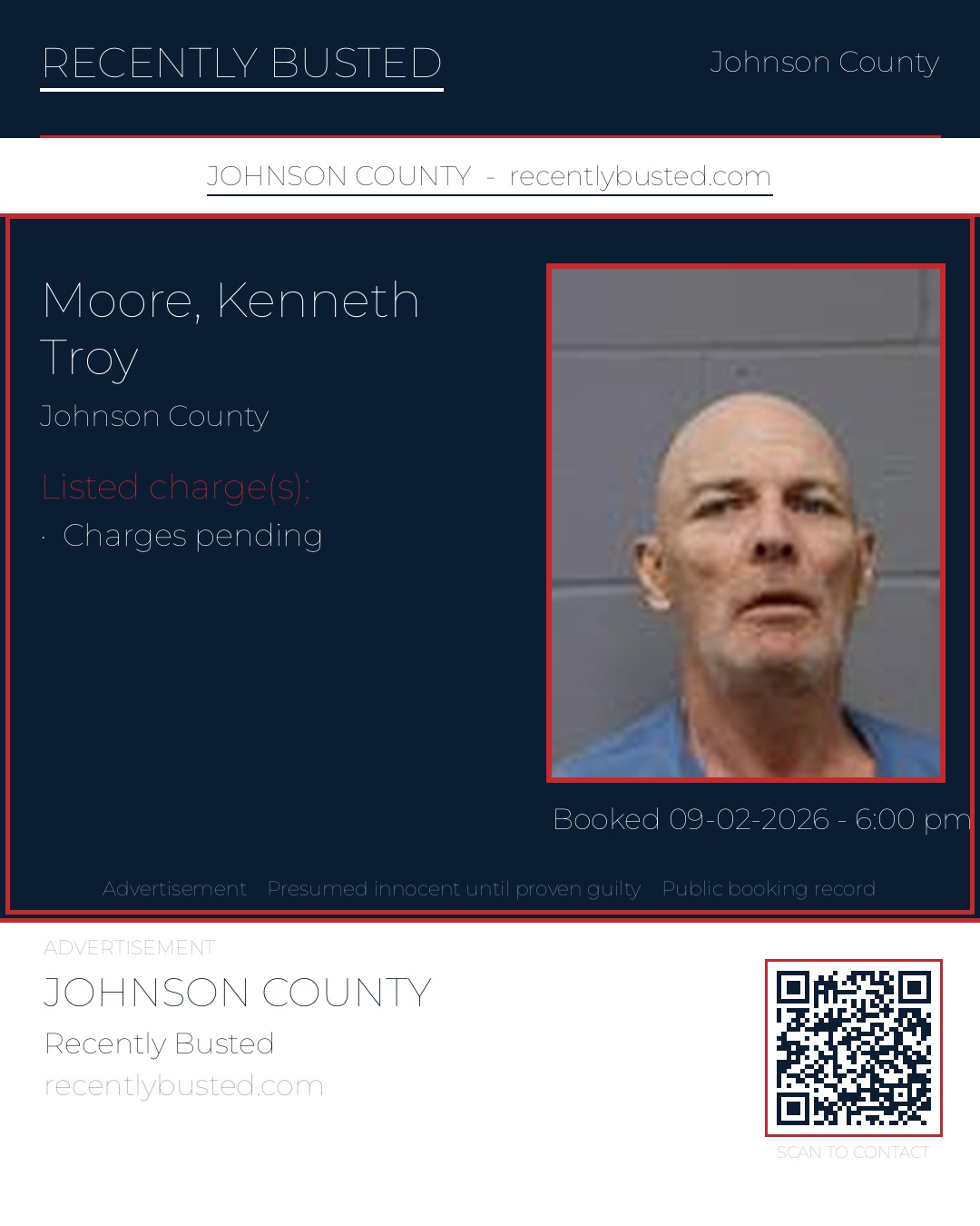 MOORE, KENNETH TROY — arrest record card, Johnson County, Missouri