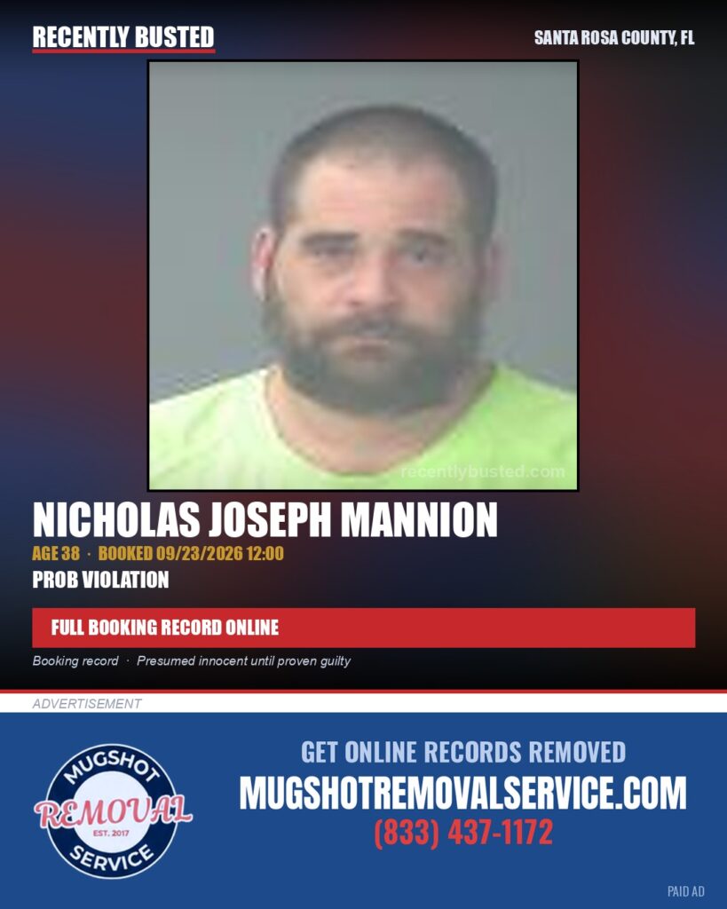 Nicholas Joseph Mannion — arrest record card, Santa Rosa County, Florida