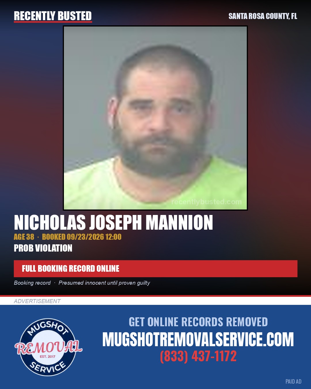 Nicholas Joseph Mannion — arrest record card, Santa Rosa County, Florida